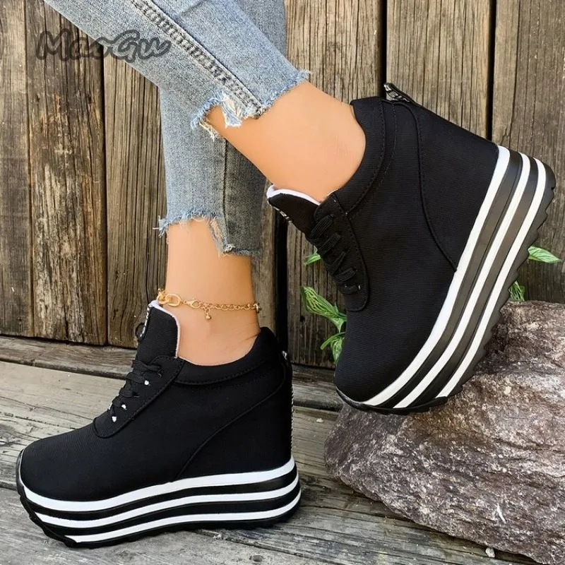 Thick Sole Platform Women Casual Sneakers Black White Color Block Lace Up Shoes Autumn Height Increasing Outdoor Women's Shoes