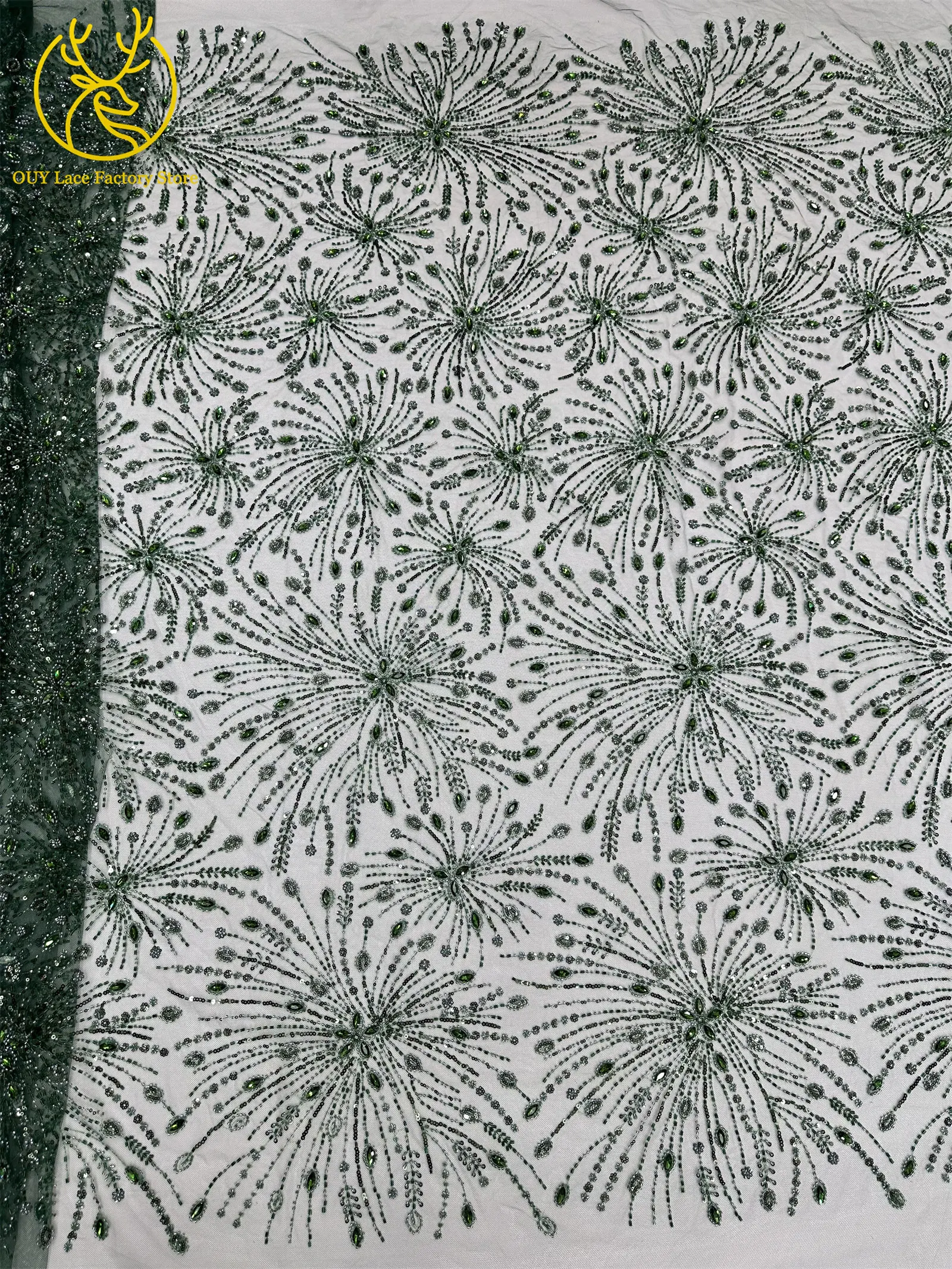 Goldene französische Edelstein-Perlenstickerei-Spitze, hochwertige nigerianische Mesh-Pailletten-Tüllspitze, afrikanischer Spitzenstoff für Damenkleider – Detail 11