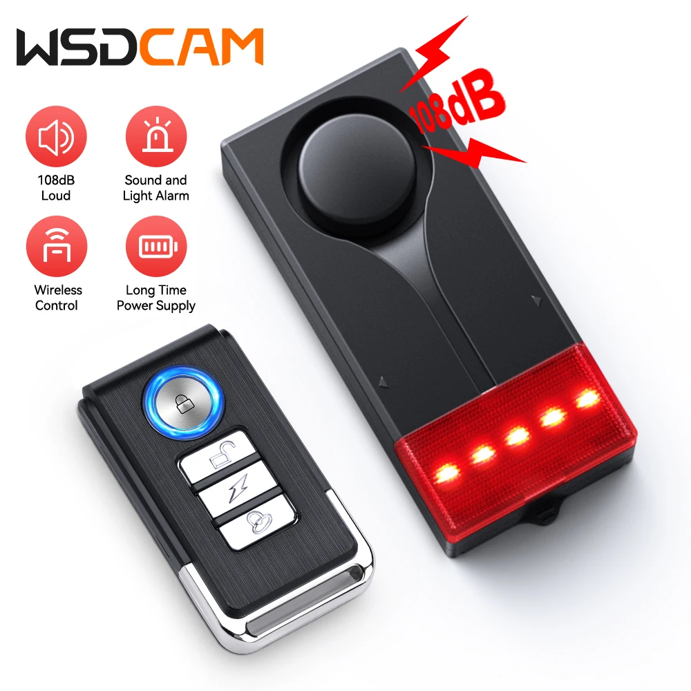 Wsdcam-alarma antirrobo para puerta y ventana de coche, alarma antirrobo con luz de Control remoto, sonido de 108dB, para motocicleta y ciclismo