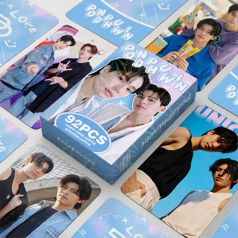 Bilashmart 92Pcs/Set PONDPHUWIN Thai Star Laser Lomo Card Drama CP Pond & Phuwin Holographic Photo Cards with Stickers