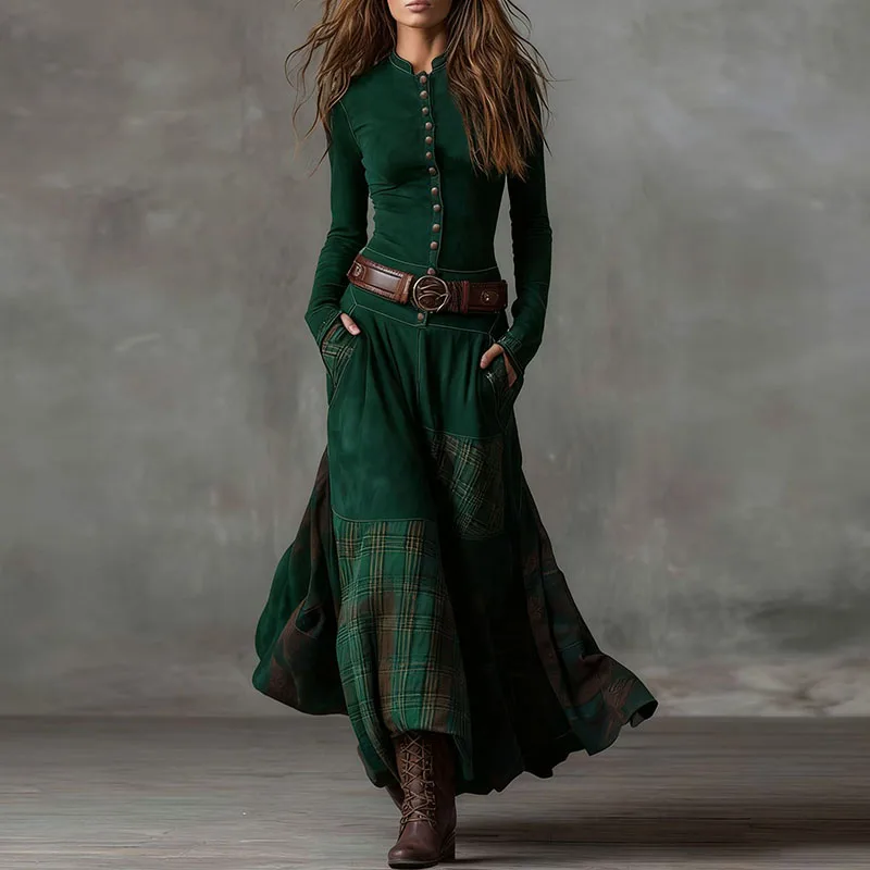 Robe Maxi Chic en Imitation daim, imprimé écossais, col montant, boutons, robe de soirée, manches longues, poches, style Boho, automne
