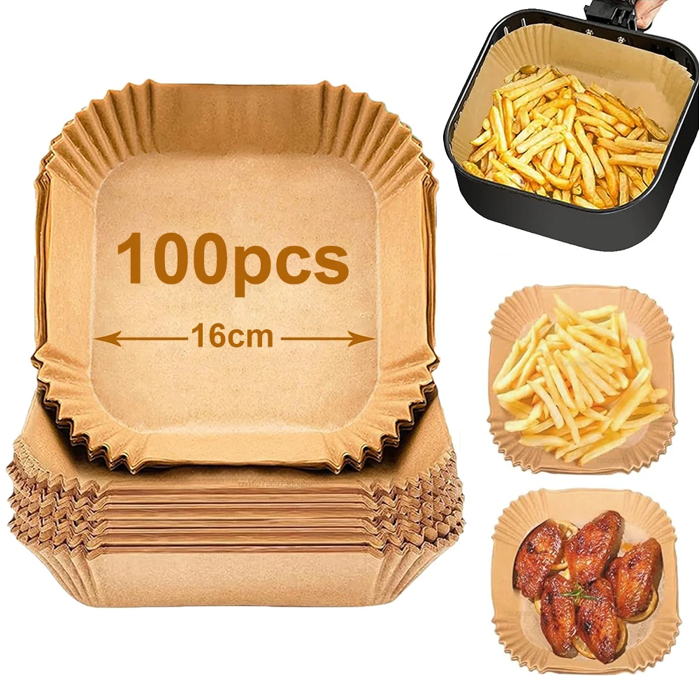 Papel para fritadeira a ar, 100 peças, descartável, papel para cozimento, quadrado, forros para fritadeira a ar, papel pergaminho antiaderente para fritadeira a ar