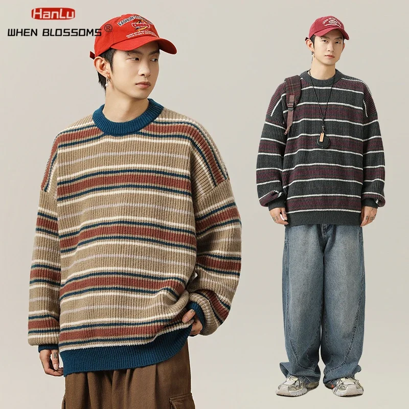 Men Women Pullover Couple knitted Coat Korean Fashion Vintage Striped Knit Sweater Autumn Winter Loose Soft Warm Top streetwear