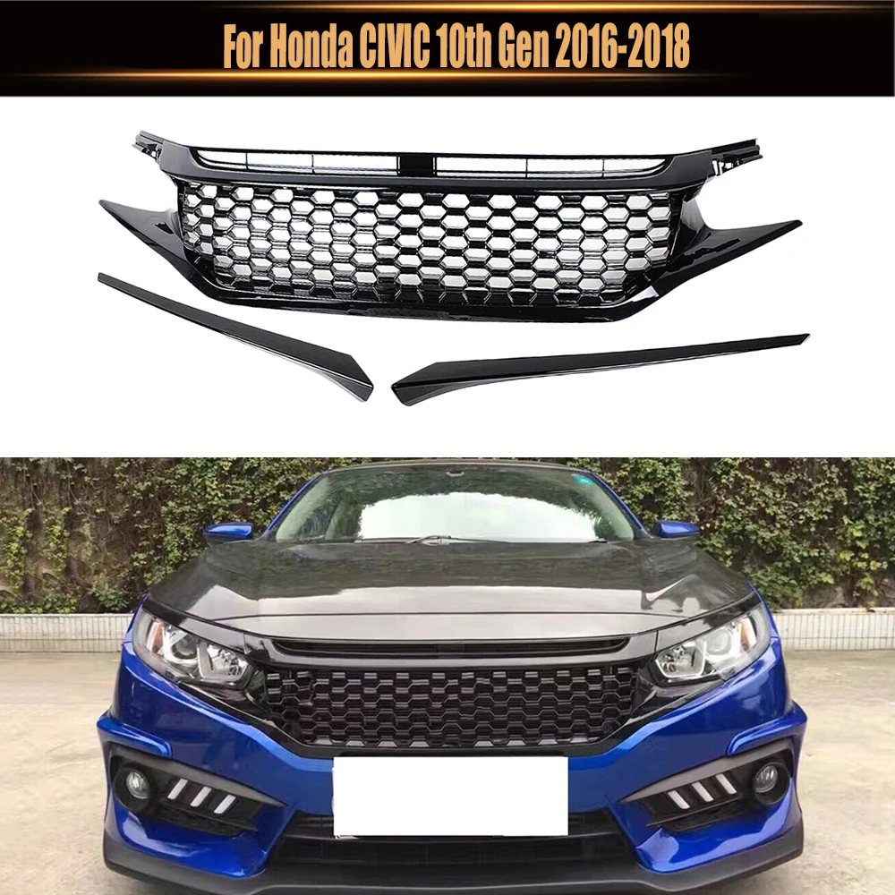 

Front Bumper Hood Mesh Racing Grill Grills ABS Glossy Black Grille With 2 Eyebrows For Trims For Honda CIVIC 10th Gen 2016-2018