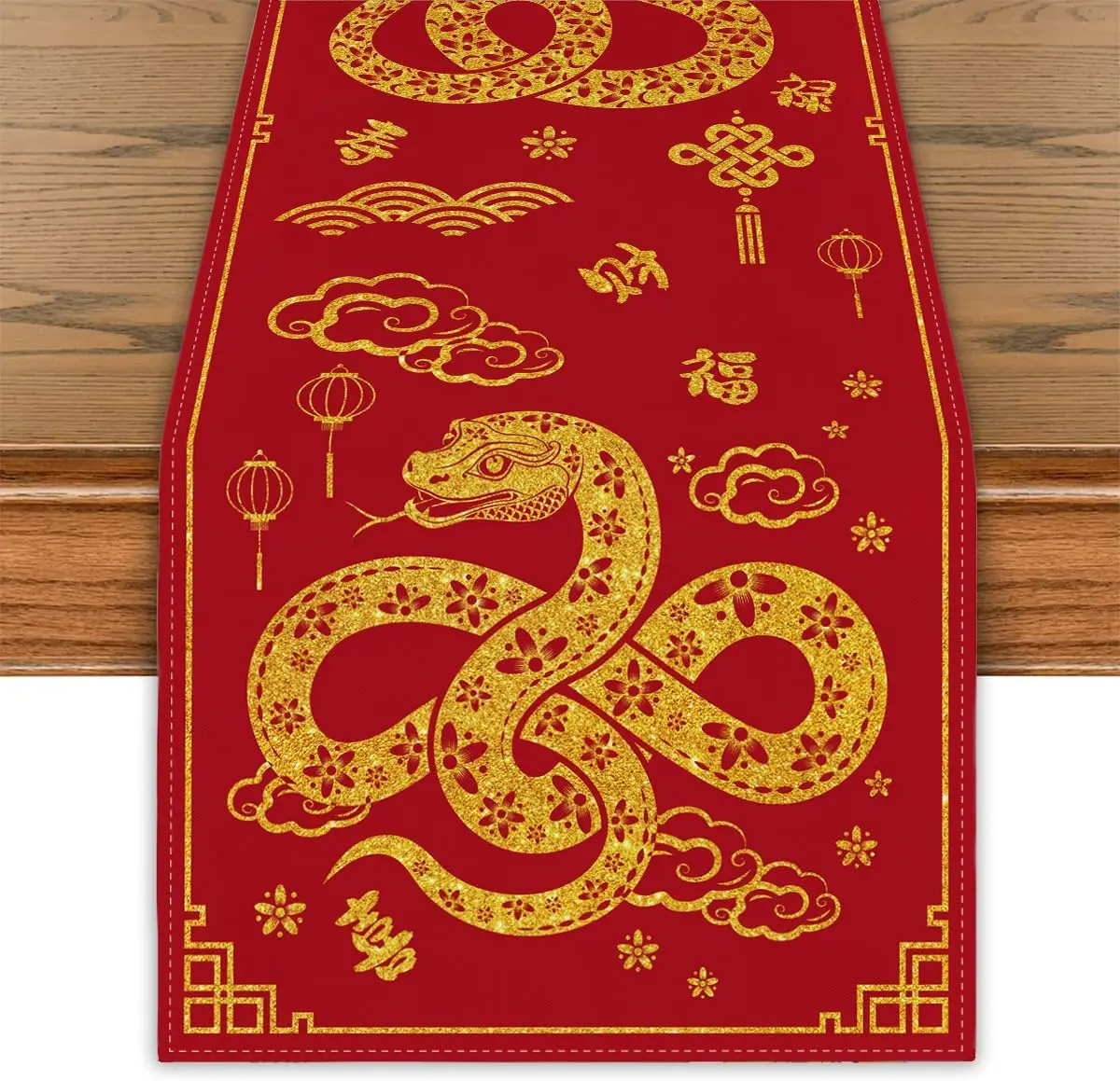 Happy 2025 New Year Linen Table Runner Party Decor Chinese 2025 Year of The Snake Table Runners China Spring Festival Decoration