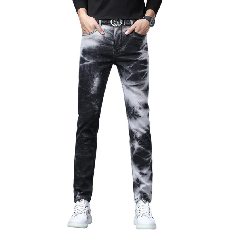 Pantalones vaqueros con tinte anudado de tinta salpicada para hombre, pantalones largos rectos ajustados de gama alta, diseño de moda de lujo, otoño e invierno, 2025
