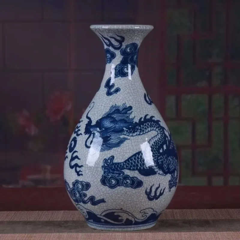 DSA antique opening crack glaze blue and white porcelain dragon pattern jade pot spring bottle flower arrangement ornament