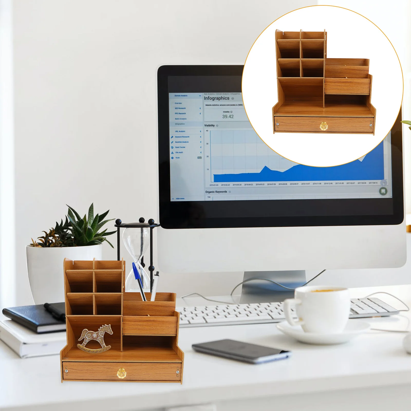 

Wooden Pen Organizer Cherry Wood Desktop Stationery Holder for Office Home School Art Supplies Scissors Name Cards Memo Pads