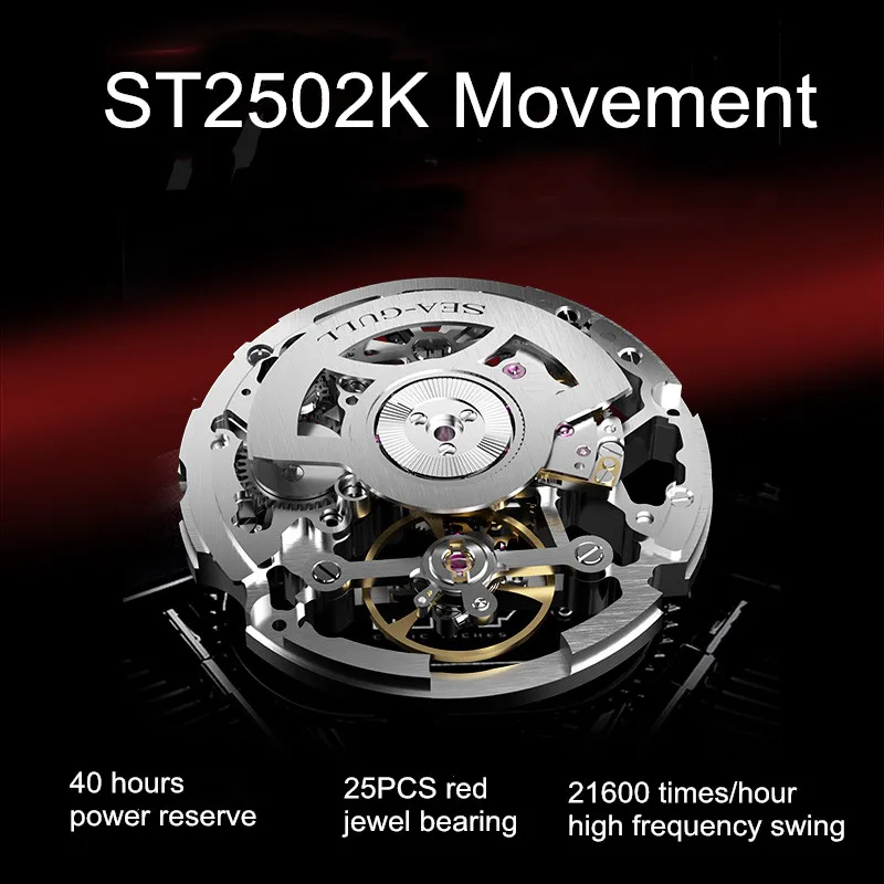 Seagull Men\'s Automatic Mechanical Watches ST2502K Movt Skeleton Dial 50M Waterproof Sport Sapphire Glass Watch for Men 6139HK