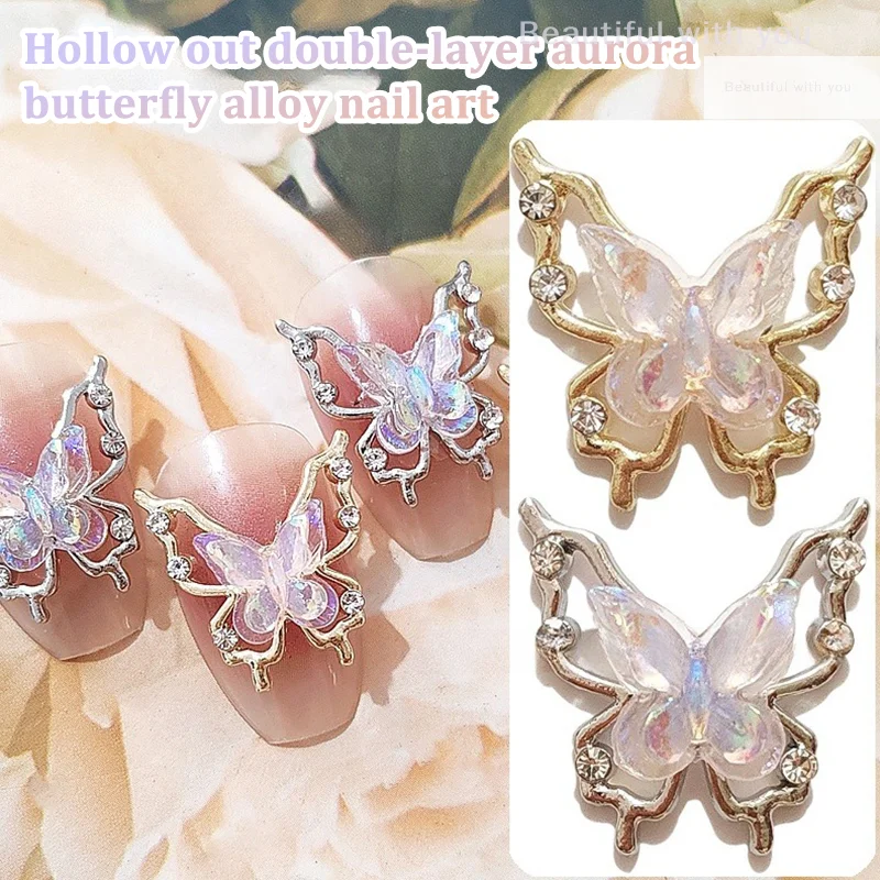 

5PCS Korean Hollow Double-Layer Butterfly Nail Decoration Sweet Aurora Butterfly Alloy Nail Accessories DIY Nail Art Salon