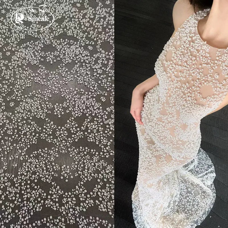 

SMEALE White Beads Sequins Lace Fabric Luxury Evening Dress Big Small Pearl French Lace Bridal Wedding Fabric.fabrics for Sewing