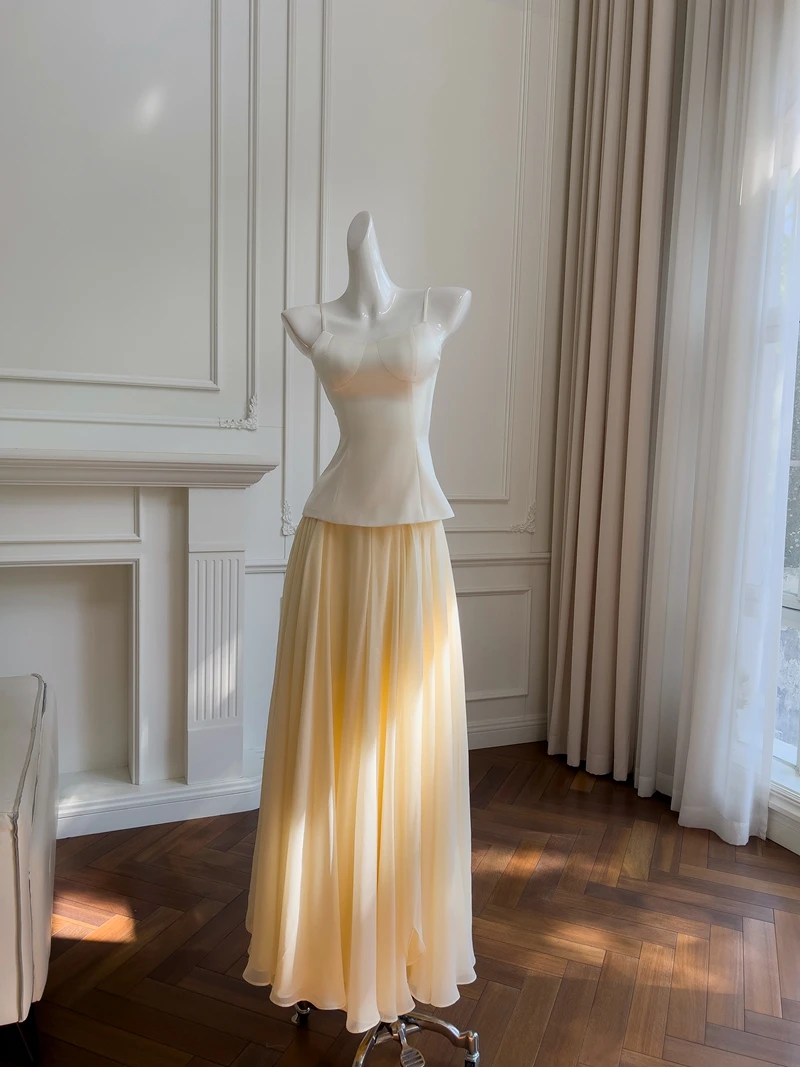 

Ele Yellow Tiloring Strap Maxi Dr Slimming Vaion Wear High Waist A-Line Skirt Long Robe Luxury Faion