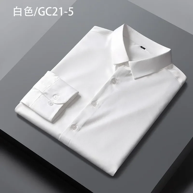 Camisa de seda de gelo high-end para homens, mangas compridas, roupas de trabalho, sem ferro, anti-rugas, desgaste do noivo