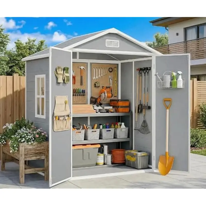 6 FT x 4.4 FT HDPE Resin Outdoor Storage Structure with Integrated Double-Wall Floor, A-Frame Roof, Louvered Ventilation, Lockab