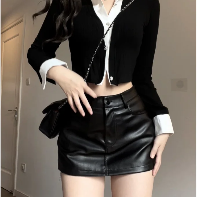 Black PU Small Leather Skirt Style Tight-fitting Slimming High Waist Hip Skirt Women Autumn and Winter Anti-exposure Culottes