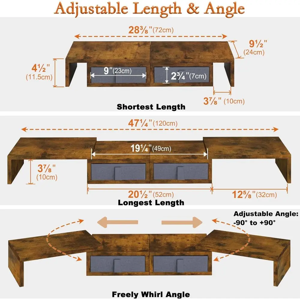 Adjustable Dual Monitor Stand with Storage Drawers, White Desk Organizer for 2 Screens/Laptops, Wood TV Stand (Brown)