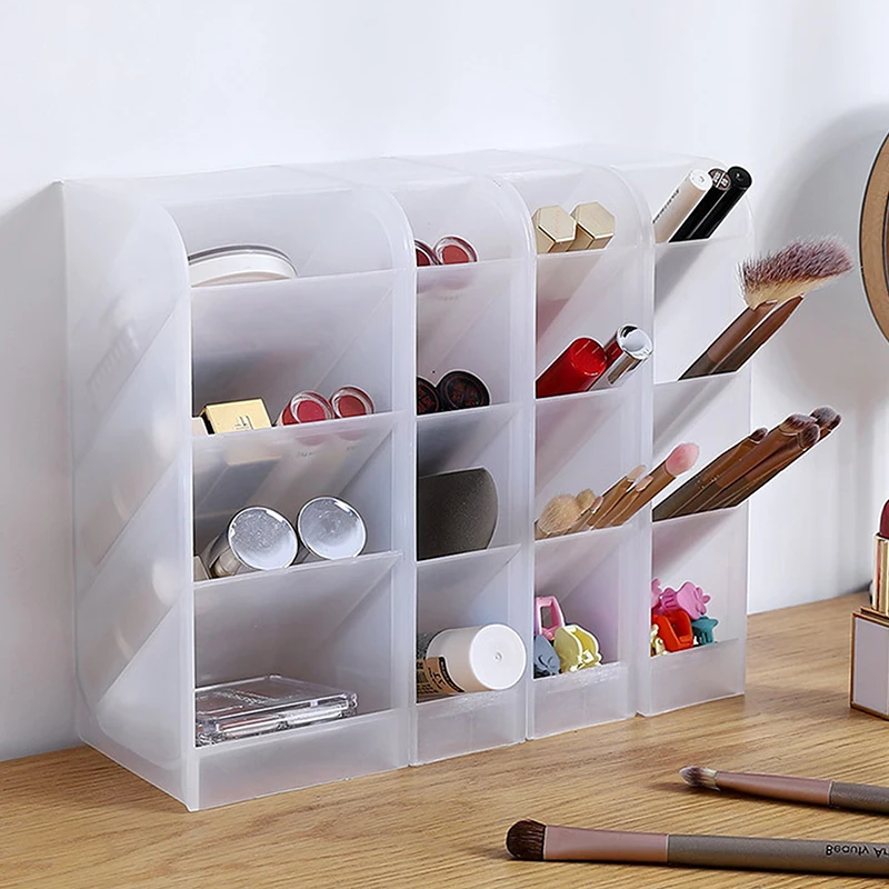 Multi-functional Stationery Storage Box Desktop Transparent Frosted Pen Holder Inclined Makeup Brush Lipstick Storage Box