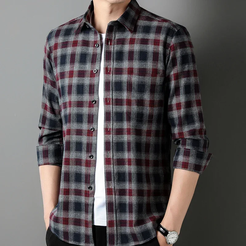 New in shirt 100%cotton sanding long-sleeve shirts for men big size plaid Smart Casual slim fit EnglandStyle soft office clothes