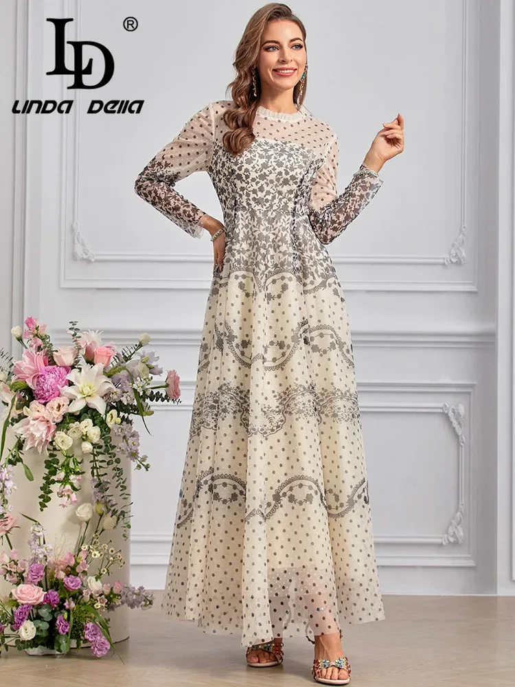 LD LINDA DELLA 2024 Summer Fashion Dress Women Bohemian Polka Dot Floral Print Chiffon Net Yarn Temperament Dresses Sizes S-4XL