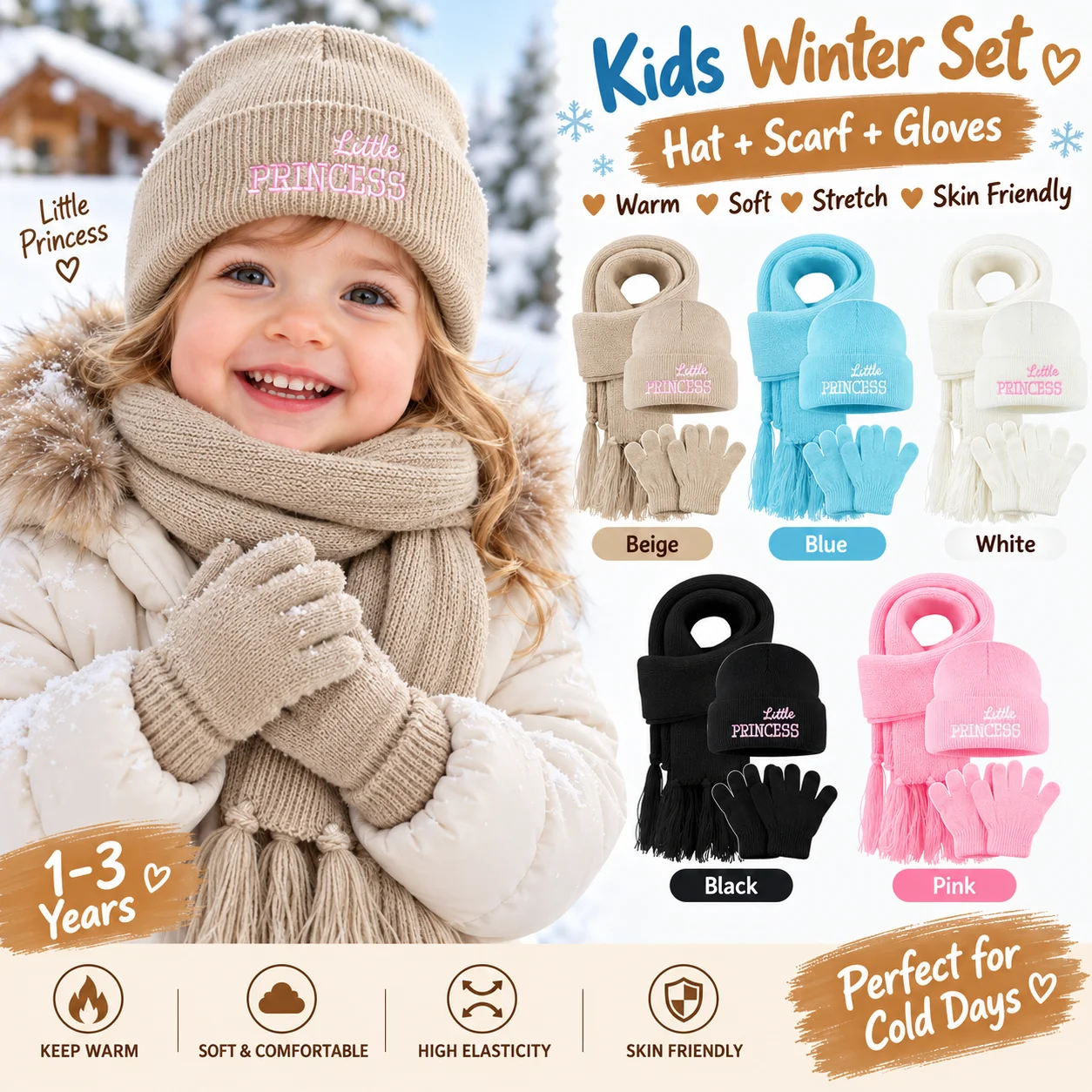 Sweet Little Princess Letter Embroidery 3Pcs Kids Hat Scarf Gloves Set, Soft Warm Knitted Winter Kit for 1‑3Y Toddler, Birthday