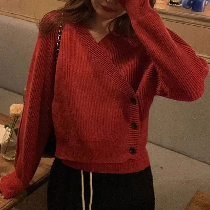 Female Clothing Korean V-Neck Sweaters Casual Loose Autumn Winter Solid Color Spliced Button Vintage Long Sleeve Knitted Jumpers