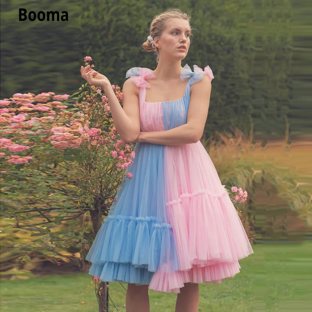 

Booma Pastel Pink/Blue Tulle Midi Prom Dresses Square Neck Bows Ruffles Knee-Length Party Dresses A-Line Formal Prom Gowns