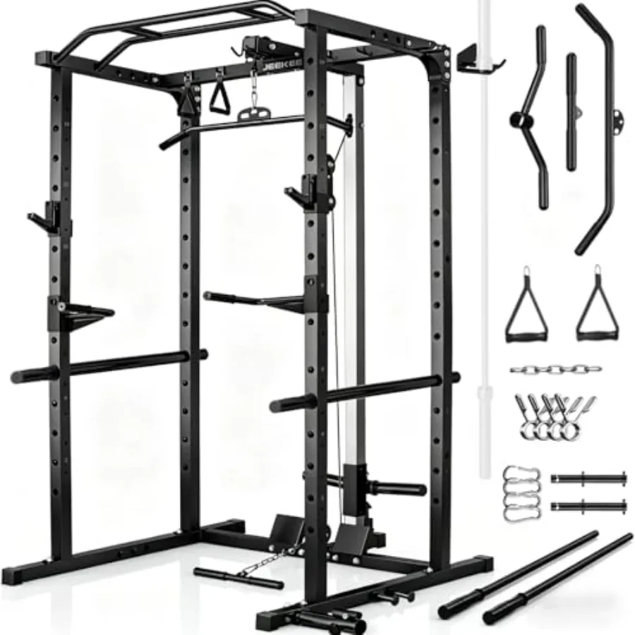 Home gym power rack with LAT pulldown black steel 2000LBS capacity multi-function squat cage with J-hooks safety bars landmine