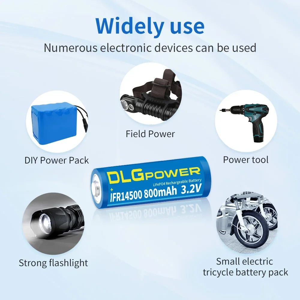 DLGPOWER 3.2V 800mAh 14500 LiFePO4 Battery Rechargeable Battery For Discharge Cycle Flashlight Wireless Mouse Keyboard Toys