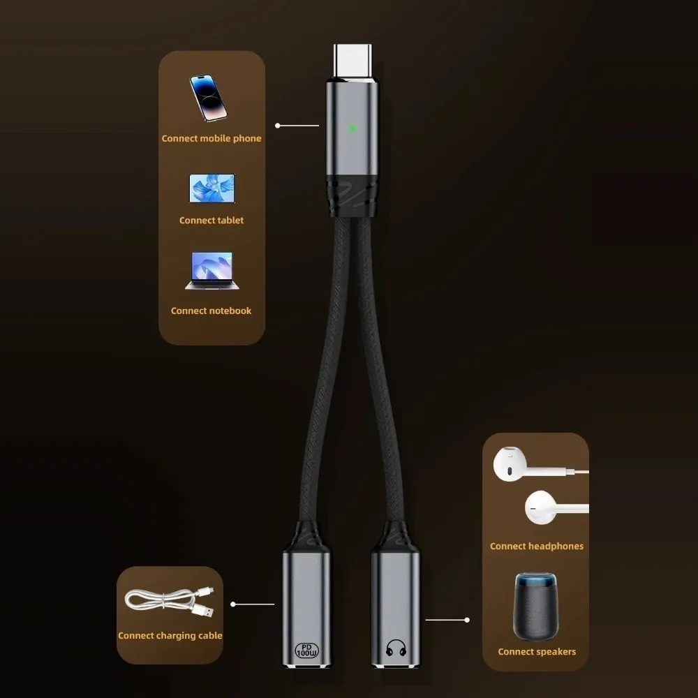 

2 in 1 Design 2-in-1 USB C OTG Adapter PD 100W Fast Charging Type C Splitter Audio Cable USB Female Port HiFi Audio