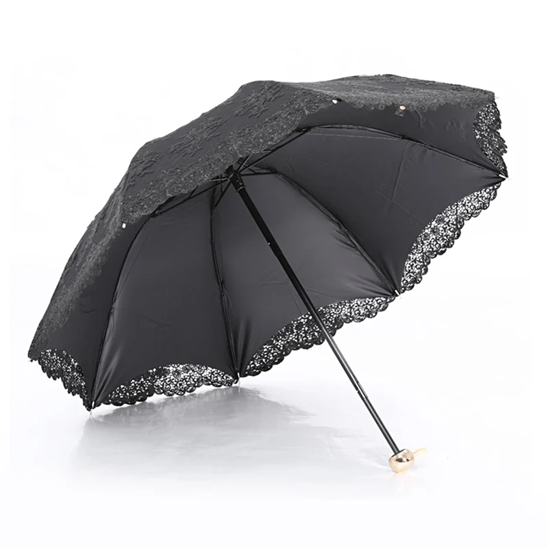 Lace Double Layer Sun Rain Umbrella Female Princess Rainproof Sunscreen Parasol Luxury Black Coating 3 Fold Compact Lightweight