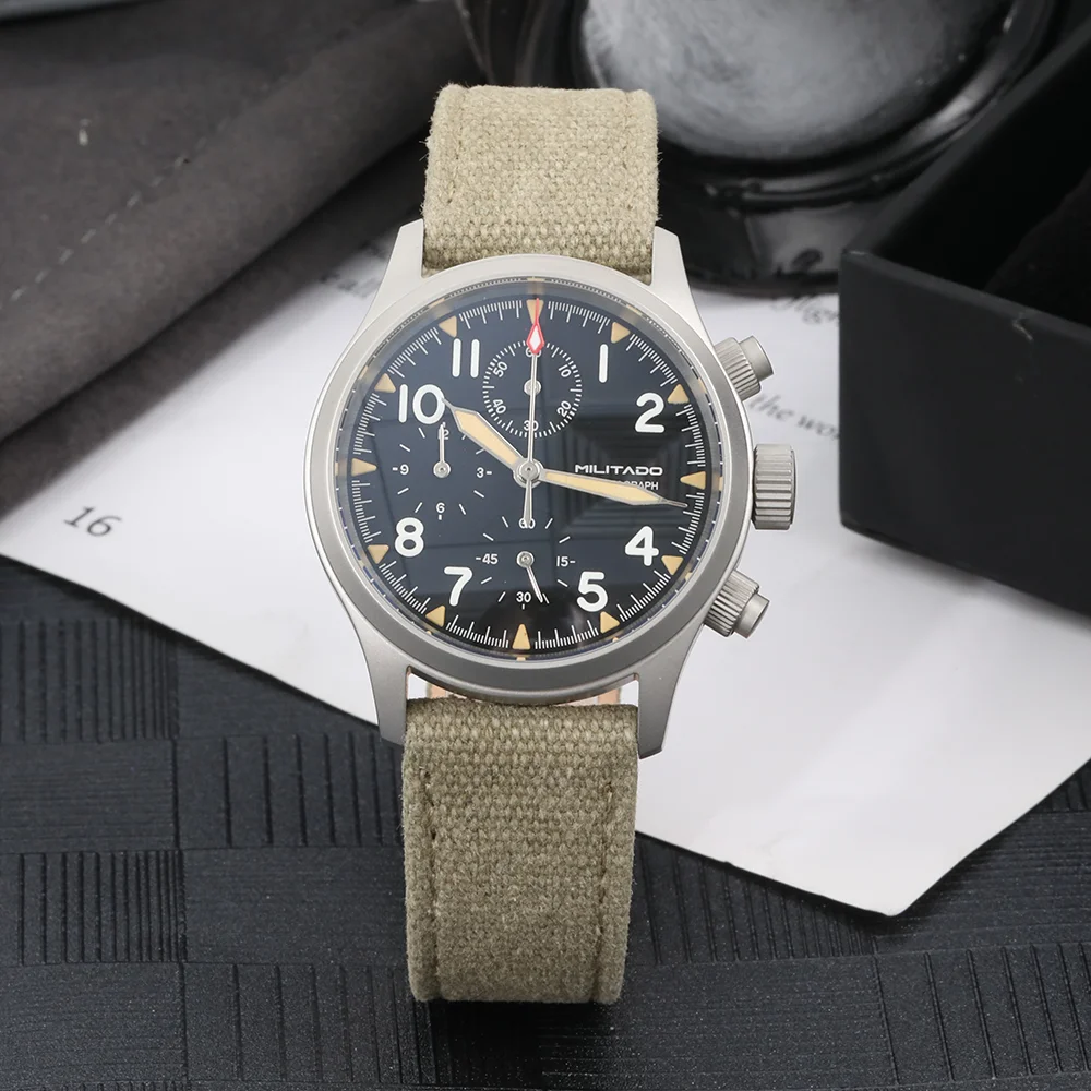 Militado Chronograph VK61 Quartz Watch Swiss BGW9 Blue Luminous 100M Waterproof Retro Watches 39mm Vintage Military Wristwatch