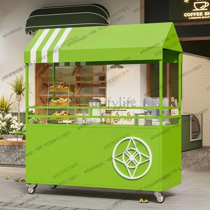 Street Stall Iron Art Small Cart Food Cart Night Market Outdoor Hand-Pulled Truck with Wheels Movable