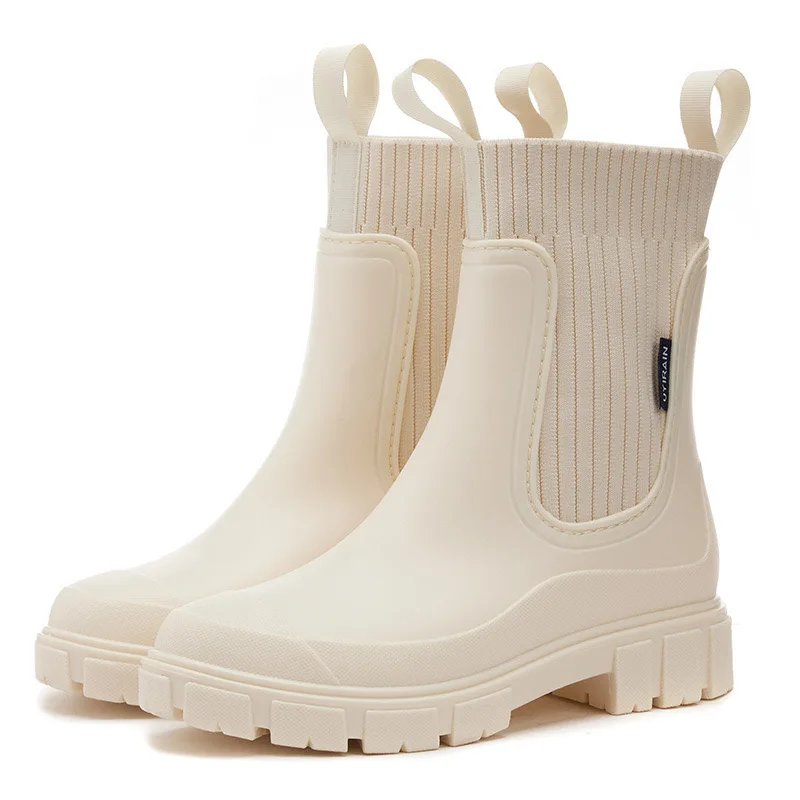 Bottes de pluie mi-mollet peu profondes pour femmes, chaussures rondes en PVC, bottes de pluie solides, bottes à plateforme imperméables, vente de