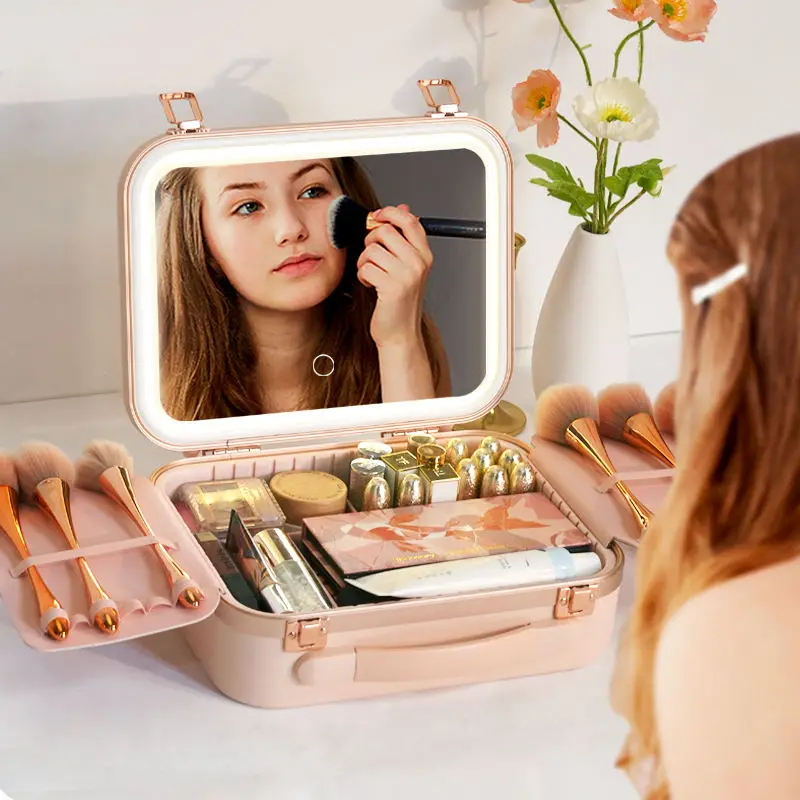 Portable Aluminum Travel Makeup Box Cosmetic Storage Case with LED Mirror & Detachable Partition for Cosmetics Makeup Brushes