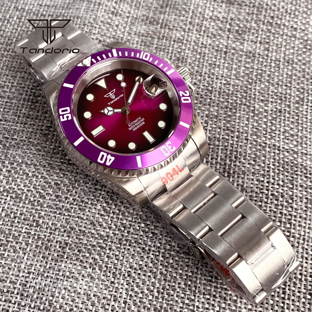 Tandorio NH35 Sapphire Gradient Purple Sunburst Stainless Steel Mechanical Automatic Watch Date Dive 40mm Men\'s Wristwatch 20BAR