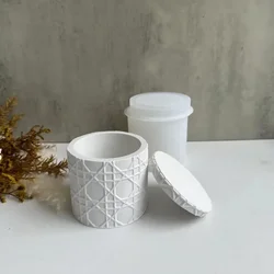 Diamond Lattice Round Storage Jar with Lid Silicone Mold DIY Plaster Concrete Cement Candle Jar Storage Box Epoxy Resin Molds