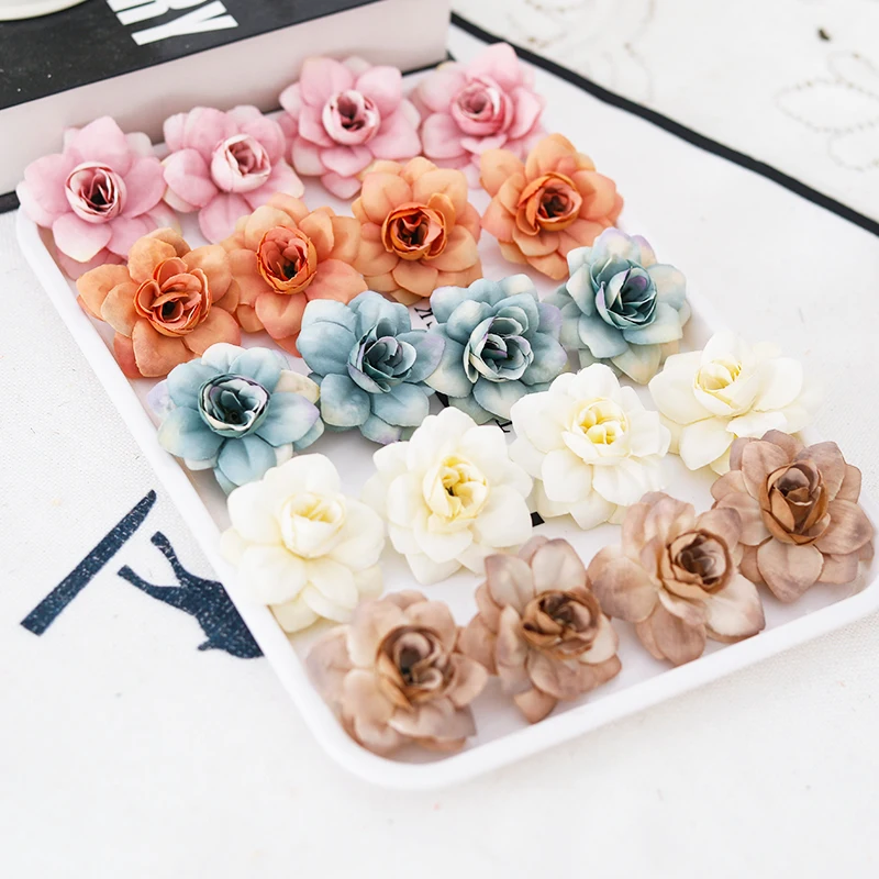 20pcs Silk Small Multicolor Rose Head Christmas Decoration Wedding Home Living Room Artificial Flowers Garden Party Arrangement