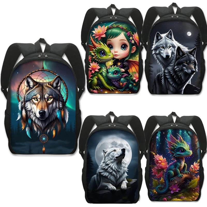 Howling Wolf Under The Moonlight Print Backpack Cartoon Dragon Baby Fairy Angel Student Schoolbags Women Laptop Daypack Rucksack