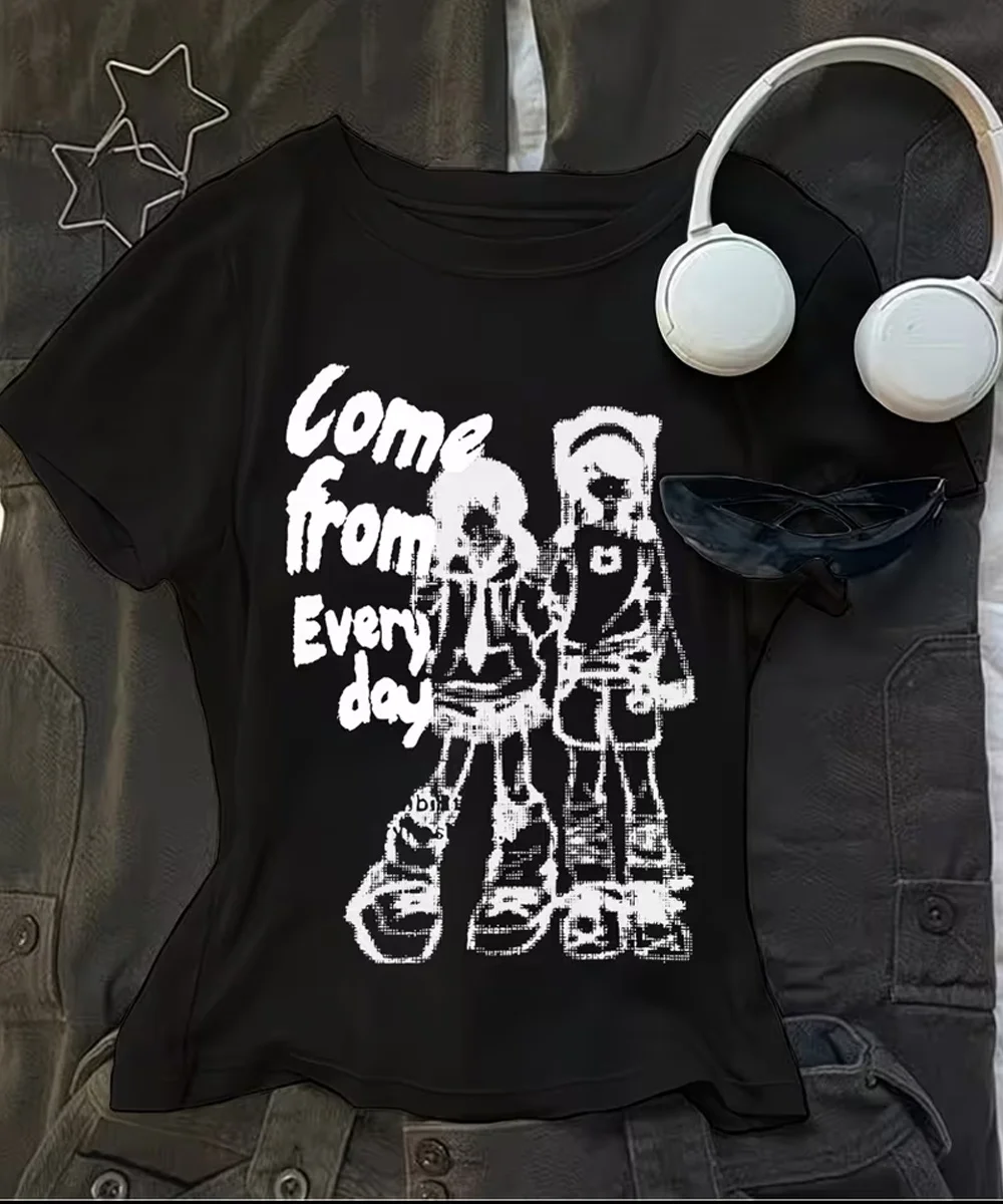 Pixel Art Girl Graphic English Letters Print Creative Design for Hot Trendy Girls on Instagram Short-sleeved Street Y2K Tops