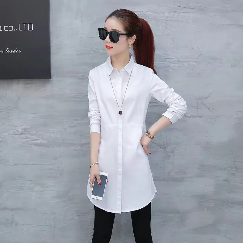 

Women's Long White Cotton Blouse Shirt Casual Good Quality Blusa Feminina Lady All-Match Top for Ladies