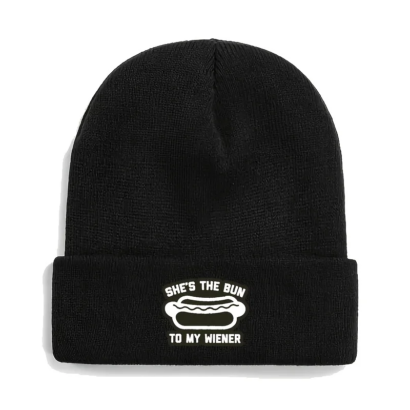 She Is the Bun to My Wiener. Men's Warm Winter Hats, Acrylic Knitted Cuffs, Hats, Men's and Women's Beanie Hats