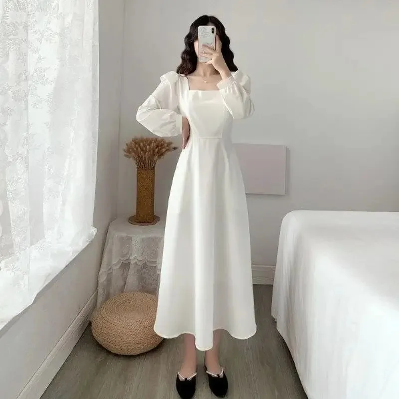 Red Vintage Long Sleeve Dress Women Party Elegant Ankle-length Female Square Collar Simple Korean Casual Streetwear Slim Style