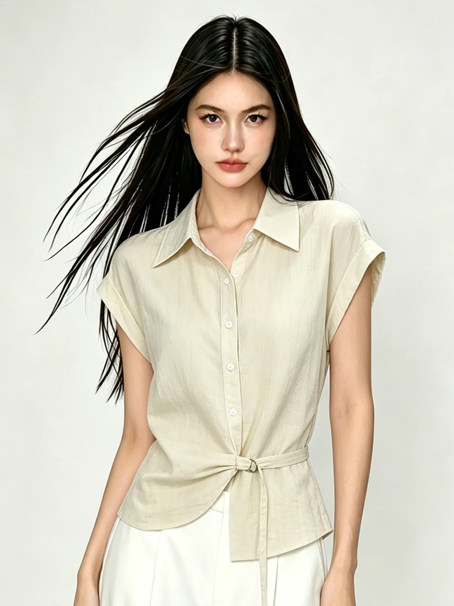 

Summer Collar Uneven Hem Chiffon Short Sleeve Women's Shirt Waist Cinching Slimming Unique Beautiful Top Korean Style St...