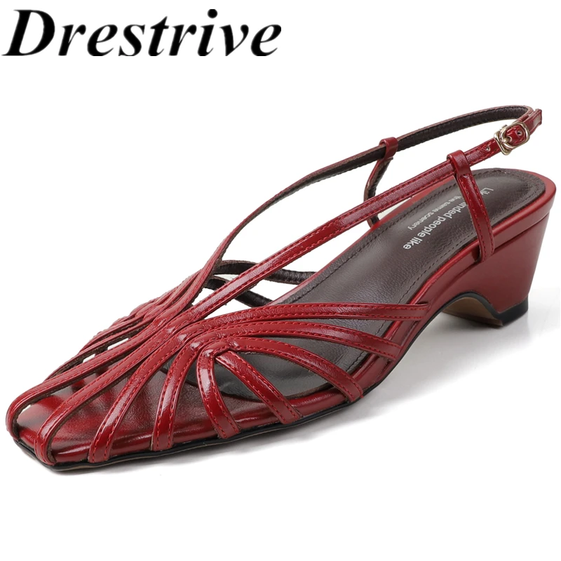 

Drestrive 2026 New Fashion Women's Sandals Pu Leather Square Toe Thick Mid Heels Handmade Summer Shoes Buckle