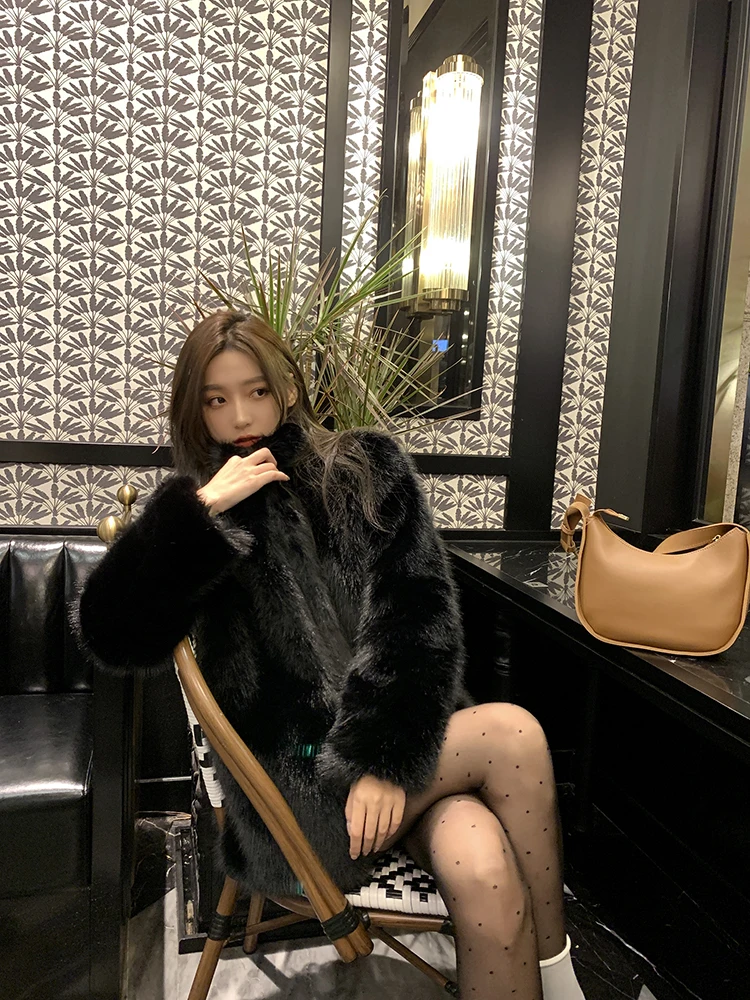 Fur Coat Women's Solid Color Thickened Warm Stand Collar Environmental Protection Imitation Black Mid-LengthThree Buttons Winter