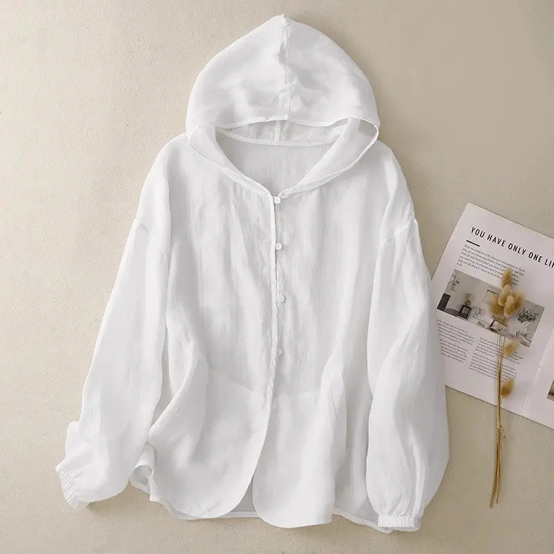 Ramie roupas de proteção solar para mulheres no verão 2025 novo leve solto respirável com capuz manga comprida jaqueta fina g1037