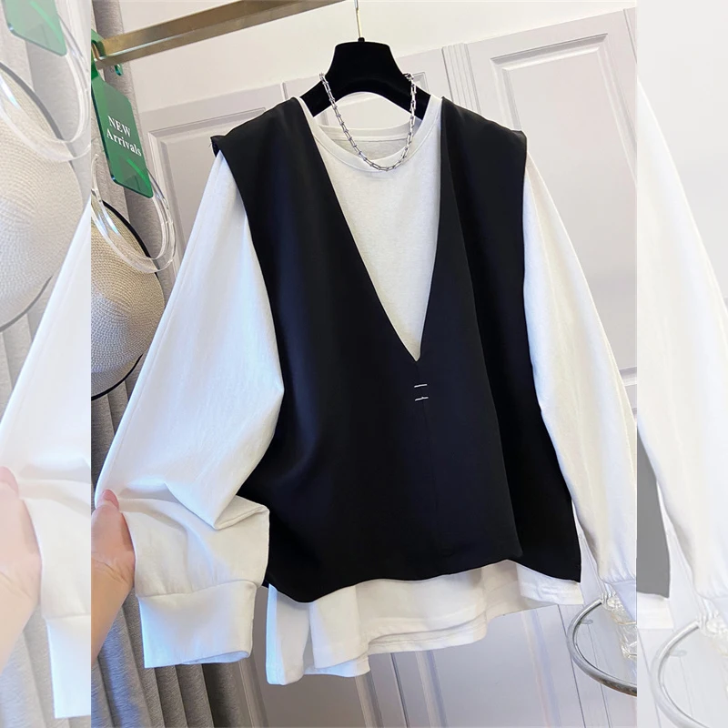 SuperAen Spring New Women's Oversized Pullover White Long-sleeved T-shirt Design Loose-fitting Sleeveless Tops Sets