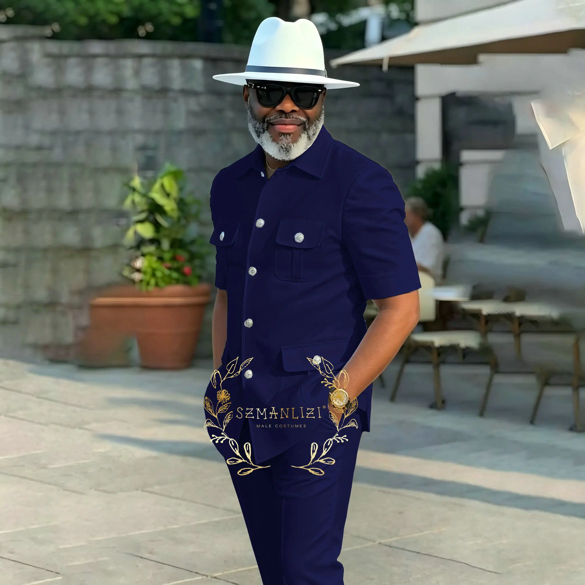 

Модный мужской костюм-двойка с коротким рукавом, однобортный, темно-синий, для бизнеса, повседневной носки, свадьбы, вечеринки, смокинг, комплект с пиджаком