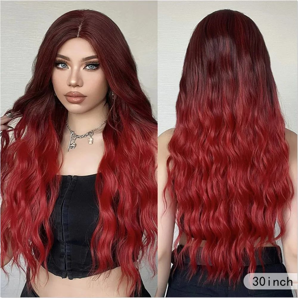 HENRY MARGU Red Loose Wave Wigs Ombre Long Middle Part Wig Heat Resistant Synthetic Hair for Daily Use Soft Smooth Fake Hair