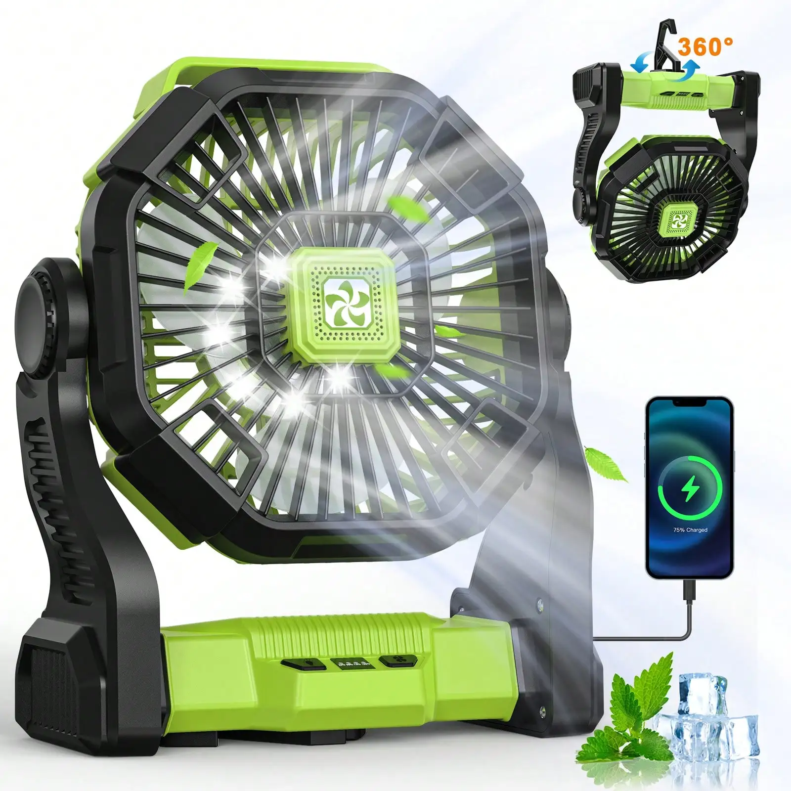 

Cold Air Battery Powered Fan With LED Lantern,Dual Motor Camping Fan, 4-Speed Adjustable Desktop Fan With Hook, Portable Outdoor Fan, Suitable For Tents, Power Outages, And Construction Sites